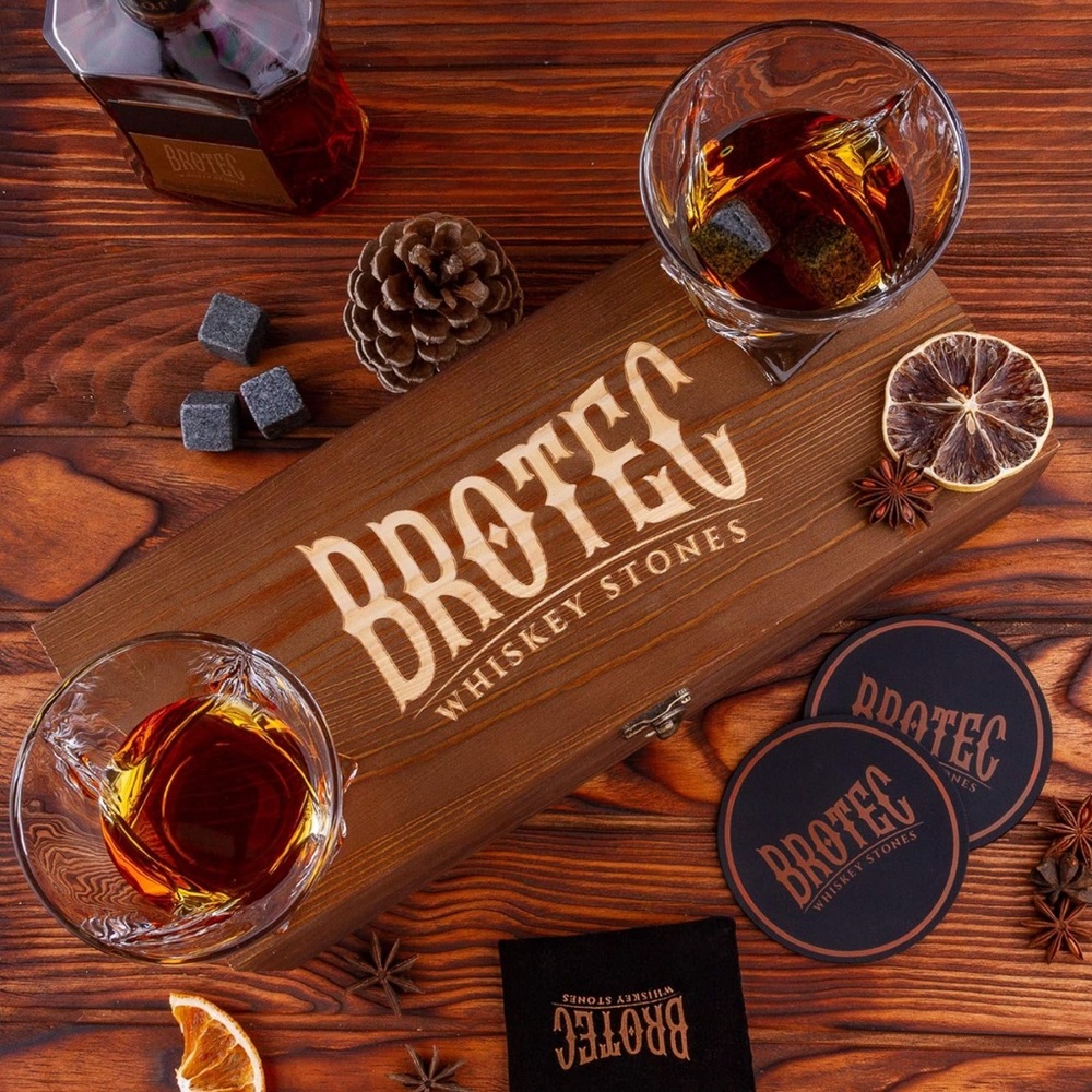 Brotec Whiskey Stones & Glasses Set in Wooden Box - Picture 2 of 9